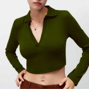 Zara Cropped Long Sleeve Ribbed Polo
